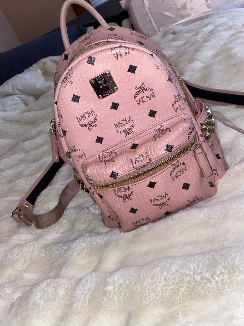 MCM Pink Visetos Stark Mini Backpack with Gold Hardware